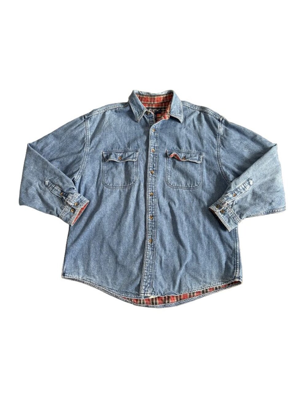 Vintage Eddie Bauer Denim Plaid Flannel Lined Shirt Men's L Made in USA 90s